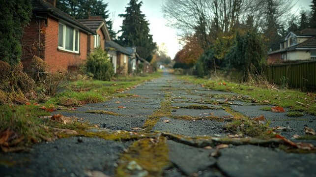 Overgrown cobbled street, suburban houses, autumnal trees, residential area