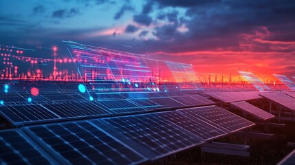 Colorful holographic projection of renewable energy stats over a solar farm, futuristic energy tracking system concept.