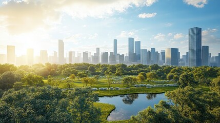 Obraz premium Renewable energy farm seamlessly blending into an urban park, symbolizing sustainability in urban design