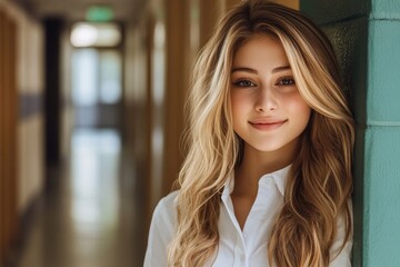 Fototapeta premium Portrait of a Young Woman with Long Blonde Hair in a Corridor