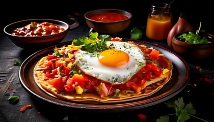 Huevos Rancheros, a Mexican breakfast, features fried eggs on tortillas, with salsa and topp