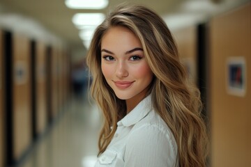 Obraz premium Portrait of a Smiling Young Woman in a Corridor