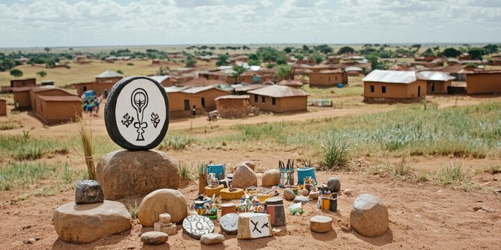 African village, ritual objects, Anuket symbol, rural landscape
