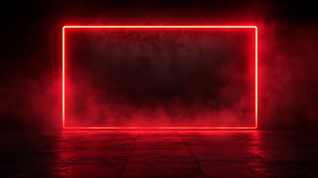 Glowing red neon rectangle illuminates dark smoky room. AI Generated