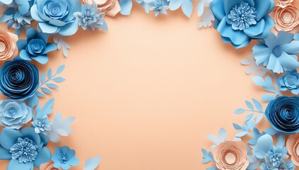 Peach background with blue and peach paper flowers border.
