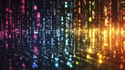 Vibrant digital matrix with multicolored glowing data streams in a futuristic cyberspace