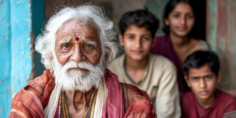 An elderly Indian man with white hair and beard, wearing traditional attire, sitting in front of his family against a plain background, generative AI