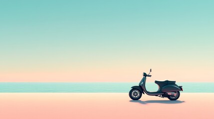 Vintage scooter parked on a beach at sunset.