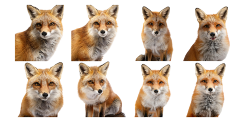 Multiple Portraits of a Red Fox in Various Poses, PNG collection, set bundle, isolate on transparent or white background