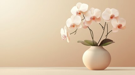 Pale peach orchids in a cream vase against a beige background.