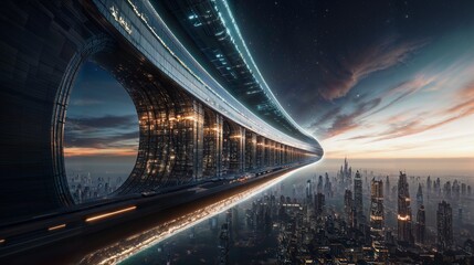Fototapeta premium Futuristic Elevated Highway Over Metropolis at Dusk with Stunning Architecture and Skyscrapers