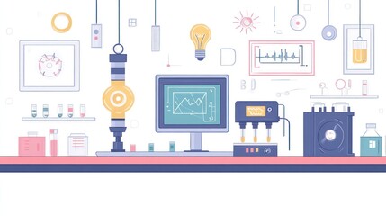 Modern laboratory interior with scientific equipment and devices.