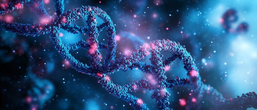 Glowing Blue DNA Helix Abstract Background. AI Generated