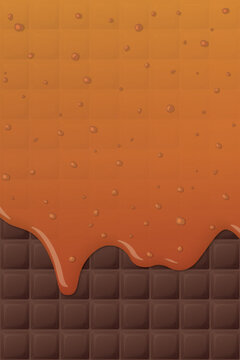 Melt salted caramel pouring on chocolate bar pattern vertical background graphic illustration.