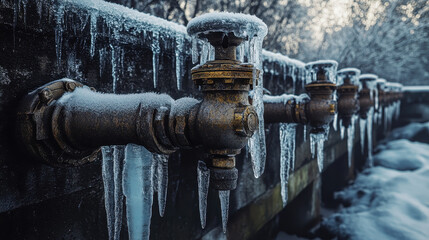 A row of frozen water pipes, with icicles hanging off the spigots and ice covering their bodies