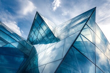 Modern glass building reflecting sky.