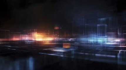 Naklejka premium Futuristic digital cityscape with glowing neon grids and abstract architecture