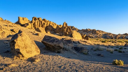Obraz premium Golden Hour at Alabama Hills: Dramatic Rock Formations Under a Clear Blue Sky