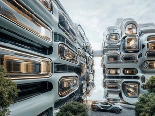 Obraz premium Futuristic Architecture With Innovative Design and Modern Vehicles in Urban Landscape