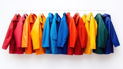 Colorful raincoats hanging on a rack against a white background.