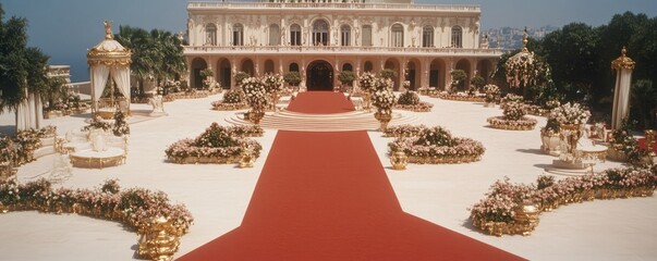 Red carpet event at a grand palace.  Luxury wedding celebration