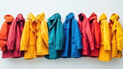 Colorful raincoats hanging on a white wall.