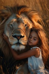 Naklejka premium A tender moment between a girl and a lion. AI.