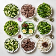 Korean beef bowl ingredients, arranged, overhead.  Use recipe, food blog