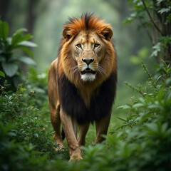Fototapeta premium Majestic Lion in Lush Green Forest