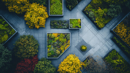 Aerial view of green roof gardens on city buildings showcasing ecofriendly urban development with sustainable architecture and vertical gardens in a minimalistic bright tone with blurred empty space

