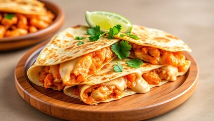 Grilled tortilla filled with savory chicken, vegetables, and herbs, garnished with lime wedges and cilantro. Presented on a wooden plate for a rustic and delicious food display.