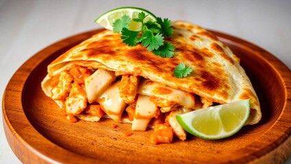 Grilled tortilla filled with savory chicken, vegetables, and herbs, garnished with lime wedges and cilantro. Presented on a wooden plate for a rustic and delicious food display.