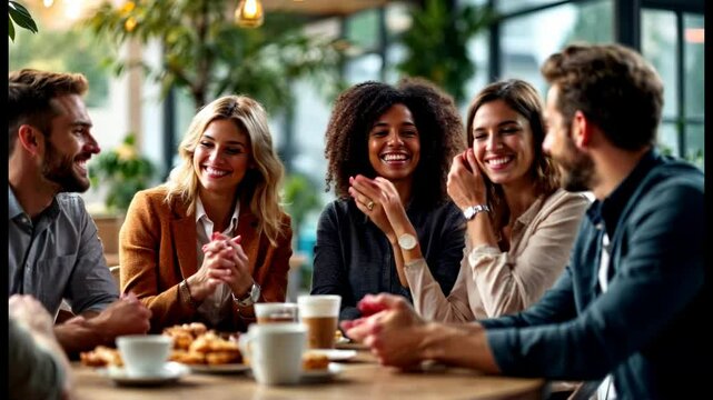 Happy Friends Enjoying Coffee and Conversation at a Cafe