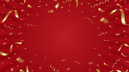 赤のセール背景、金の紙吹雪と赤色の集中線、高級感のある赤の背景