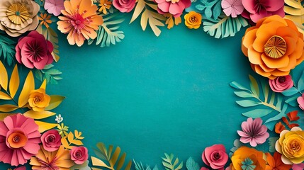 Fototapeta premium Vibrant paper flowers create joyful teal background frame. AI Generated