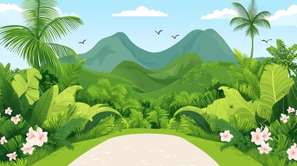 Obraz premium Lush Tropical Landscape with Winding Path Leading to Majestic Mountains