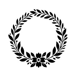 Floral Wreath Frame: Elegant black and white illustration of a circular floral wreath, featuring delicate leaves and a single blossom at the bottom.