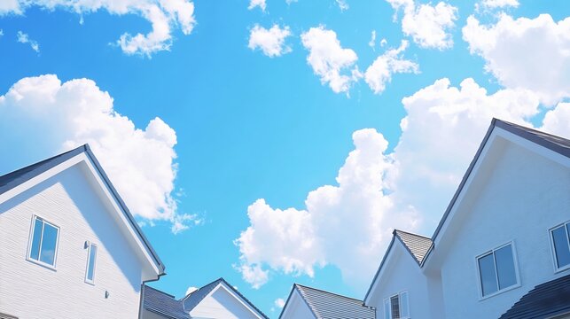 Brightly lit white houses against a vivid blue sky dotted with fluffy clouds. AI Generated