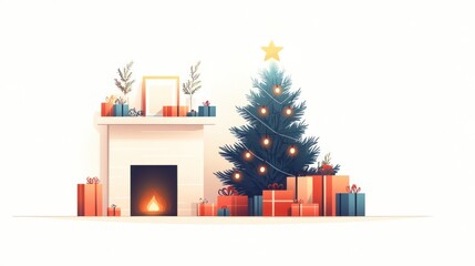 Festive Christmas scene with fireplace, tree, and gifts.