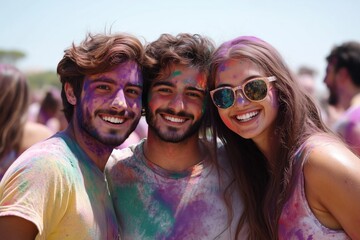Fototapeta premium Tourists and students celebrate festival Holi. Holi is a spring festival celebrated as a festival of colours.