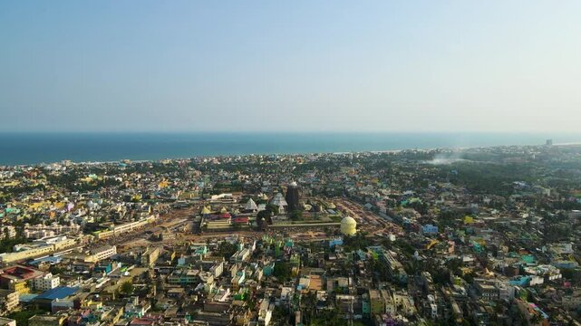 Stunning aerial drone shot capturing the beauty of Jagannath Puri city, with the temple standing majestically in the center.