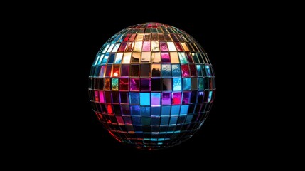 Obraz premium A vibrant disco ball with multicolored mirrored squares, isolated on a black background.