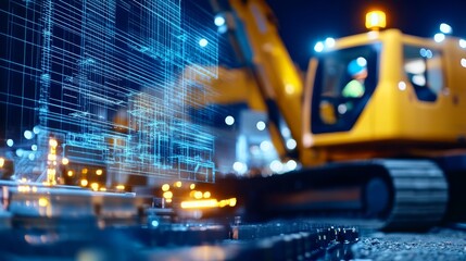 Excavator operating at night with digital overlay of construction plans in a busy urban environment
