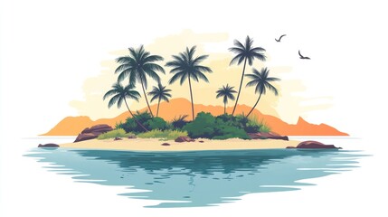 Tropical island sunset, palm trees, beach, ocean.