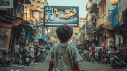 Fototapeta premium A Young Boy Gazing at a Billboard in a Busy Indian Street, A Glimpse into Urban Life