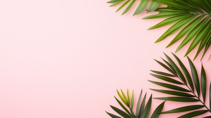Lush green palm leaves arranged on a soft pink background, perfect for tropical-themed designs
