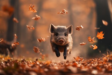 Wild boar runs in autumn leaves