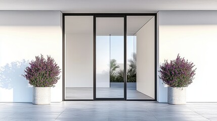 Fototapeta premium Modern villa entrance with glass doors, potted plants, and a sunny patio view