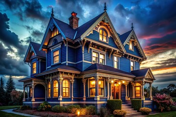 Fototapeta premium Midnight Blue Victorian House, Intricate Gingerbread Trim, Twilight Sky Stock Photo