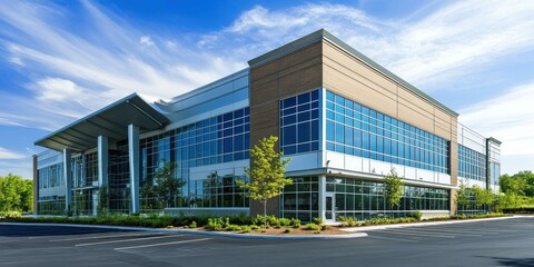 A creative view of a corporate building with modern architecture, featuring clean lines and innovative design elements